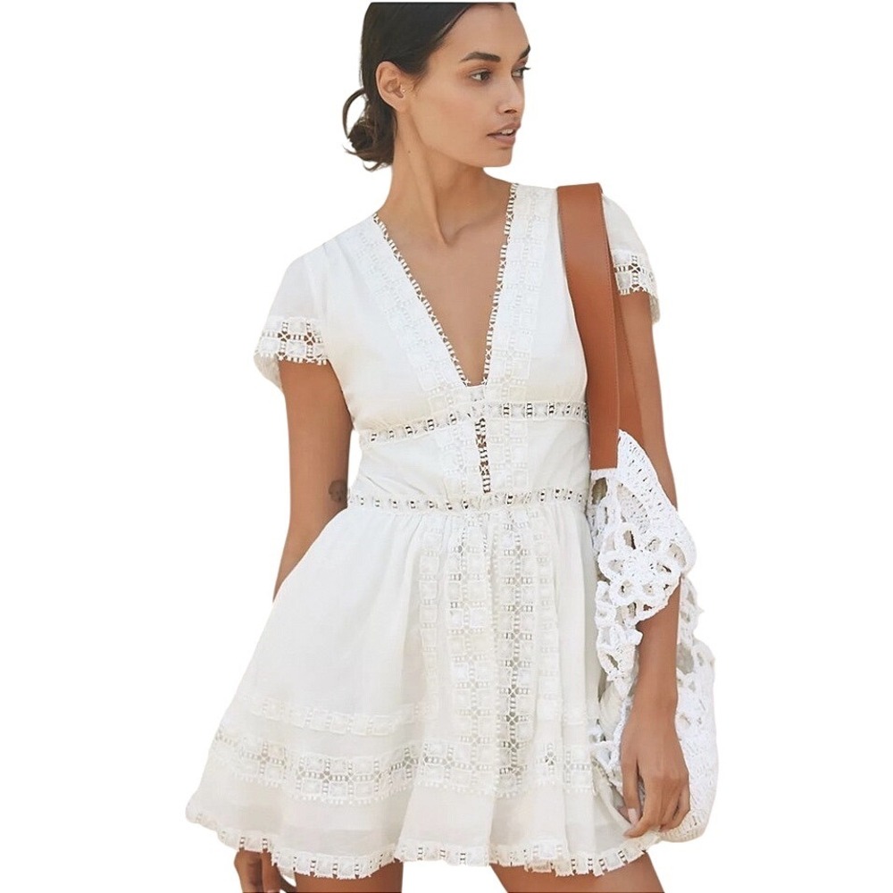 Peixoto Piper Mini Dress White Boho Crochet Embroidered V-Neck Homecoming Lg